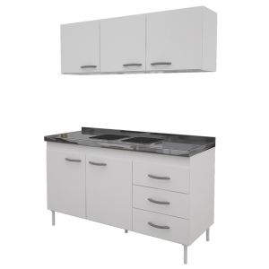 Juego de Cocina DELOS 140cm Alacena+Bajo Mesada+Mesada Blanca