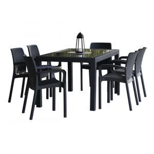 Juego de Jardín VOSS2000 Mesa INDONESIA Tapa de Vidrio + 6 Sillas GUINEA Color Gris